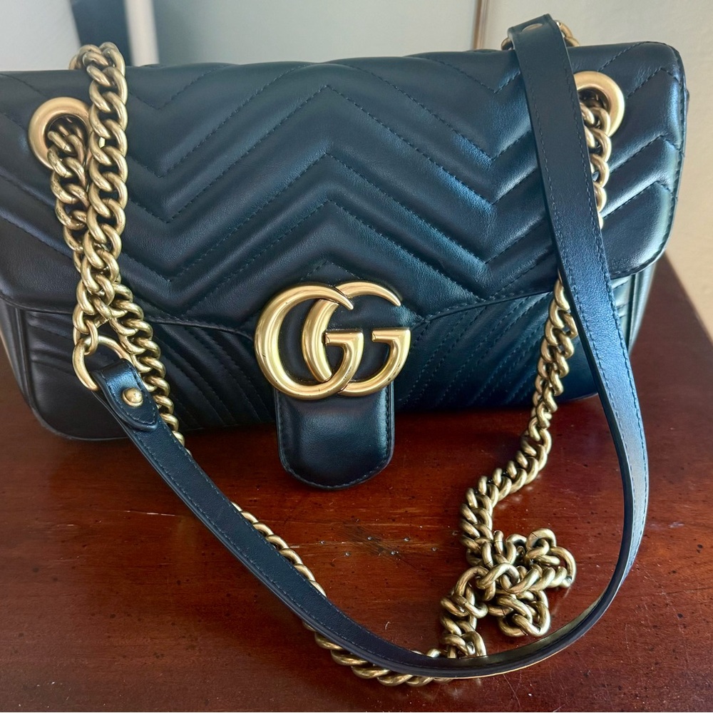Gucci Marmont Black Chevron Leather Bag with Gold Chain